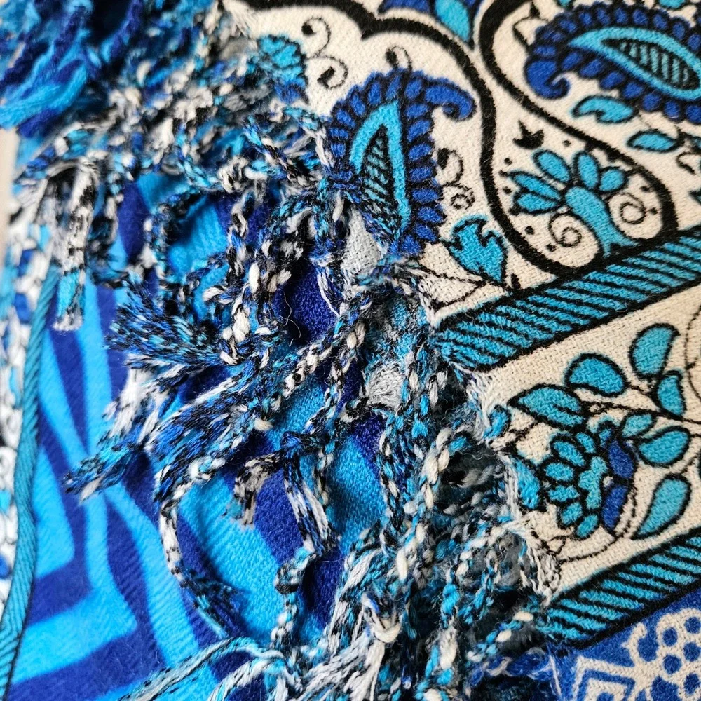 Dana Xu Blue White 100% Wool Pashmina Paisley Chevron Fringe Shawl‎ Scarf NEW